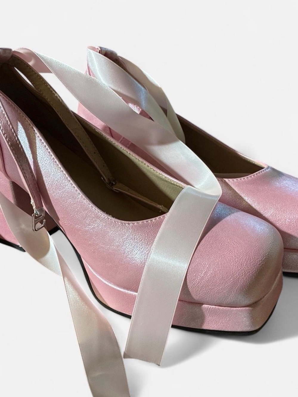 Iridescent Pink Platform Heels with Satin Ankle Ties